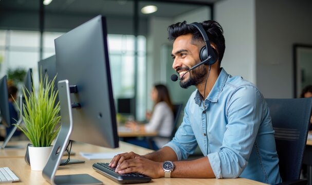 Indian Male Customer Service Agent in Office Setting, Engaged with Computer and Headset