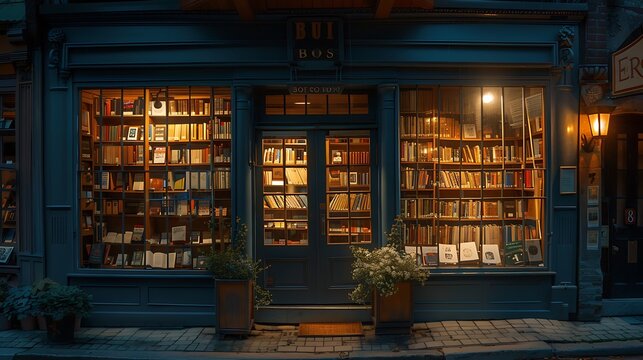 Bookstore at dusk, soft lighting from street lamps, books in the window creating a charming scene, inviting entrance with a warm glow, nostalgic and cozy atmosphere, high-definition quality,