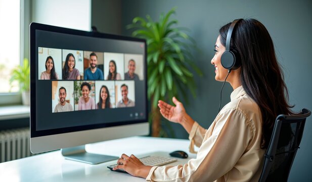 Professional Indian Female Conducting a Remote Team Video Conference