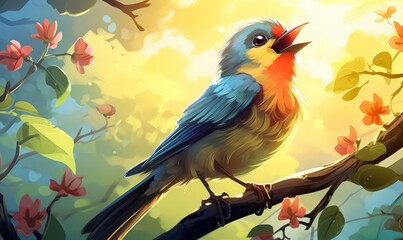 Fototapeta premium A cheerful bird singing in a tree in a park illustration