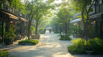 Naklejka premium Early morning at an outdoor shopping plaza, soft natural light, open-air shops preparing for the day, green spaces with morning dew, few early shoppers, serene and dynamic atmosphere,