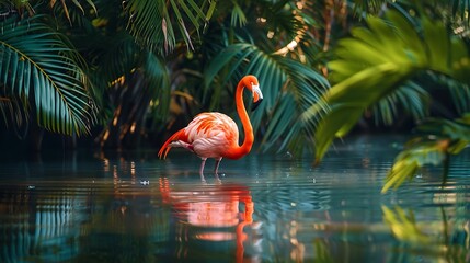 Flamingo with its elegant pink feathers reflected in the calm water of a tropical lagoon.