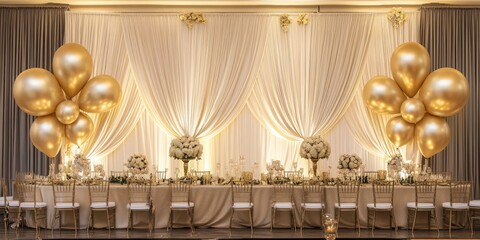Fototapeta premium Elegance in Bloom: A Wedding Decor Showcase with Draped Curtains and Glittering Gold Balloons