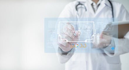 Medical technology, doctor doctor learning for diagnosis, care, and increasing accuracy patient treatment in future. Medical research and development innovation technology to improve patient health.