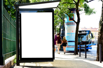bus shelter at busstop. white poster ad display space and lightbox. mockup template. blank ad...