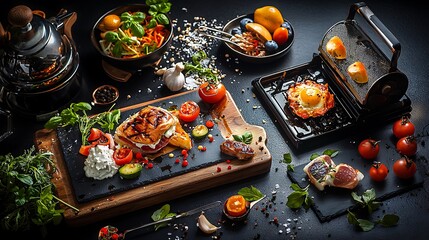 A minimalist flat lay on a spotless background, showcasing food items arranged with artistic precision and illuminated with perfect lighting.