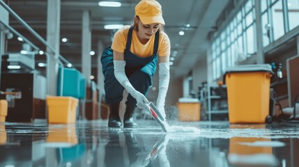 Fototapeta premium Dedicated and Diligent: A Professional Female Cleaner Washing the Floor with Precision
