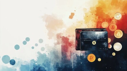 Digital wallet with cryptocurrency symbols, modern finance, watercolor style