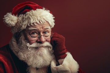Classic Santa portrait with warm red tones. Ideal for holiday promotions. Traditional Christmas style with a timeless feel. Santa Claus image with conceptual warmth. Generative AI