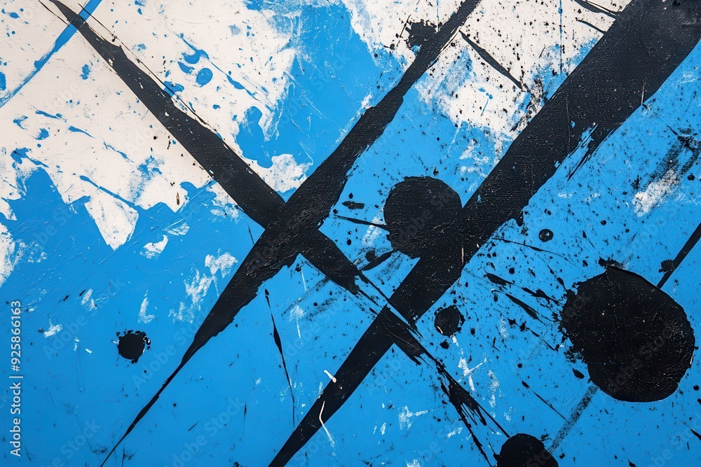 Poster dark ink splatter across abstract patterns on a cyan background