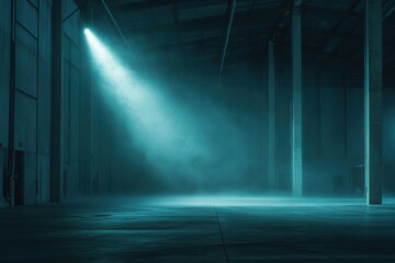 Mysterious urban area highlighted by beams of light and mist in late-night storage facility design