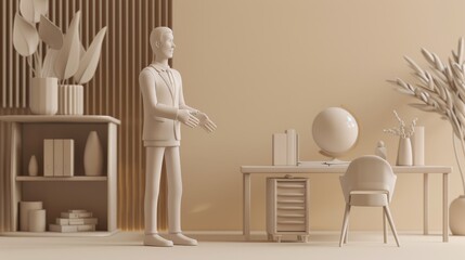 A minimalist workspace featuring a stylized figure, globe, and modern furniture in warm beige tones, promoting productivity and creativity.