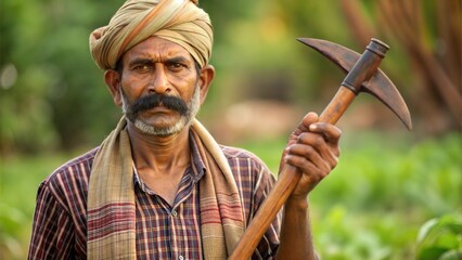Indian Farmhand with Tools - Indian farmhand with traditional farming tools, set against a backdrop of fields.
