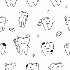 Vector pattern of cute teeth hand-drawn in doodle style