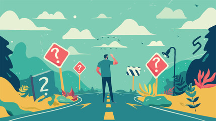 flat design Big Business decision making, career path, choose the right way to success concept, confusing businessman looking at multiple road sign with question 