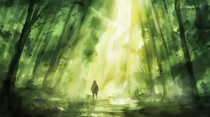 Obraz premium Serene forest painting with sunlight streaming through trees and a lone figure walking, creating a tranquil and mystical atmosphere.
