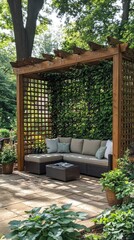 Obraz premium Modern wooden pergola with outdoor seating in garden.