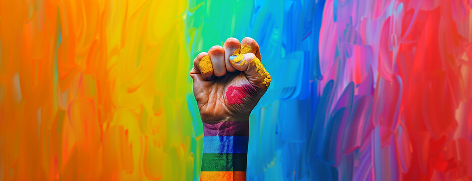 Pride fist, lgbt gay rainbow hand, lgbtq flag day fight