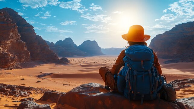 Adventurer pausing to reflect in a remote desert landscape, in sunprotective clothing, Mindful desert trek, adventure wear