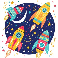 A festive baby shower banner in a space theme, featuring brightly colored rockets soaring past stars, a crescent moon, and playful planets, all set against a starry sky backdrop