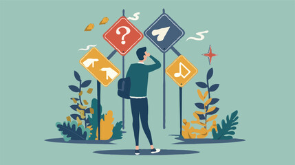 flat design Big Business decision making, career path, choose the right way to success concept, confusing businessman looking at multiple road sign with question 