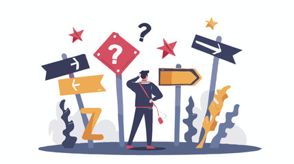 flat design Big Business decision making, career path, choose the right way to success concept, confusing businessman looking at multiple road sign with question 