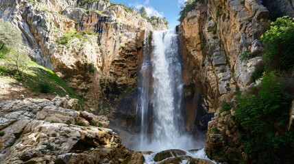 Majestic Waterfall Cascading Down Rocky Cliffs