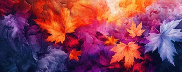 A vibrant composition of colorful autumn leaves set against a swirling abstract background, showcasing nature's beauty.