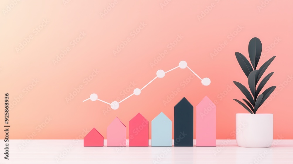 Canvas Prints Abstract Minimalist Concept of Growth with House Shaped Blocks and Line Graph.