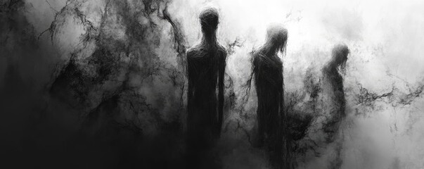 Mysterious shadows emerge from a dark, abstract background, evoking a sense of intrigue and the unknown.