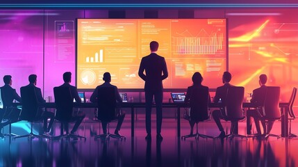 A business leader standing confidently at the head of a boardroom table, presenting a growth strategy to an engaged team