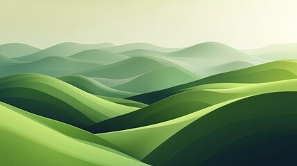 Fototapeta premium A stylized abstract green landscape with undulating hills and mountains, rendered in soft gradients and geometric patterns for a modern, artistic background.