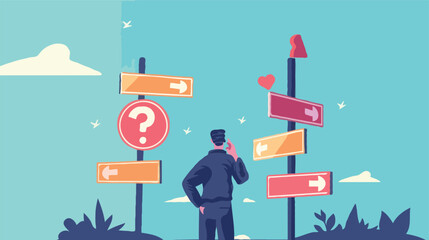 flat design Big Business decision making, career path, choose the right way to success concept, confusing businessman looking at multiple road sign with question 
