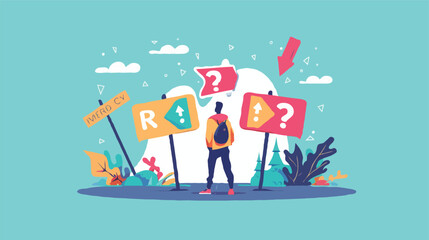 flat design Big Business decision making, career path, choose the right way to success concept, confusing businessman looking at multiple road sign with question 