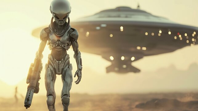 Futuristic Alien in Armor Walking with Spaceship in Background