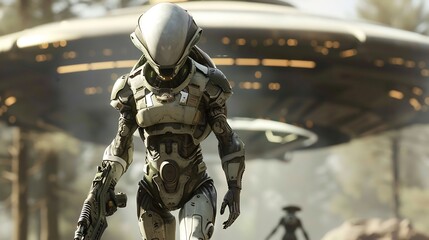 Fototapeta premium Realistic Alien in Futuristic Armor with Spaceship , cinematic