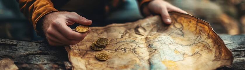 Treasure hunter with a map and coins, quest for wealth, watercolor style