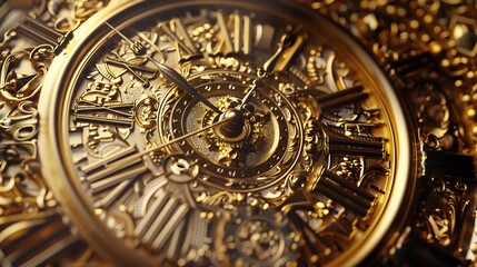 Fototapeta premium Intricate Design of Ancient Golden Clock with Roman Numerals
