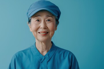 作業員の服を着たシニアの日本人女性（再雇用・パート・アルバイト・セカンドキャリア・老後）