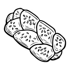 Bun braid hand drawn doodle. Sesame pie. Sweet biscuit dessert food. Confectionery sugar pastry. Bakery product. Baked. Vector outline line art illustration.