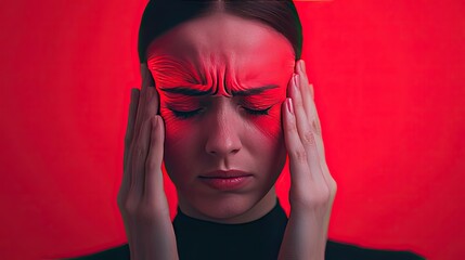 A closeup of a person s temple, with pulsating red waves visualizing the intense throbbing pain of a migraine, pain, discomfort, throbbing