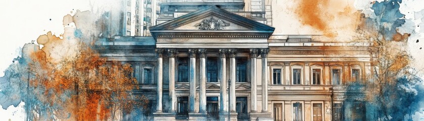 Banking building, grand facade, economic power, watercolor style