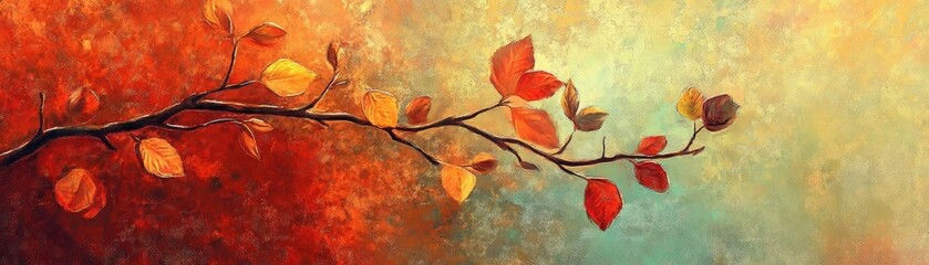 A vibrant autumn scene featuring a branch with colorful leaves against a textured background, evoking a warm seasonal atmosphere.
