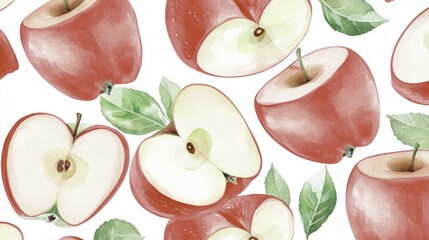 Watercolor Red Apple Slices & Leaves Seamless Pattern