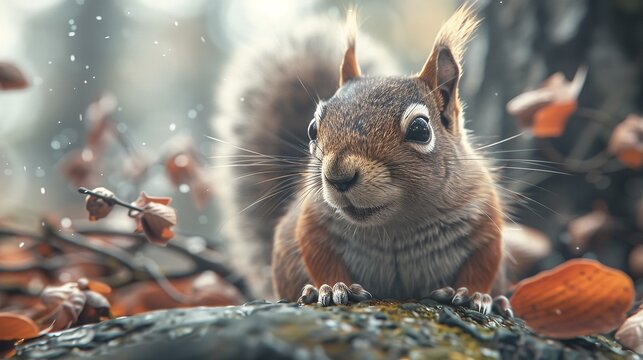A charming squirrel peeks curiously amidst vibrant autumn leaves on the forest floor, evoking a sense of wonder and seasonal beauty