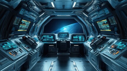 Obraz premium Advanced Futuristic Spaceship Interior with Holographic Controls and Panoramic Views - 3D Illustration of High-Tech Spacecraft Cabin Concept