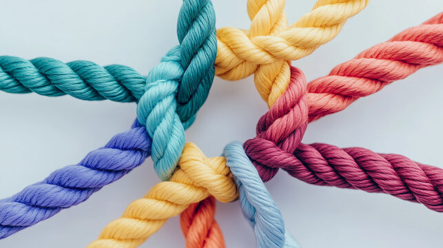 Team rope diverse strength connect partnership together teamwork unity communicate support. Strong diverse network rope team concept integrate braid color background cooperation empower power.