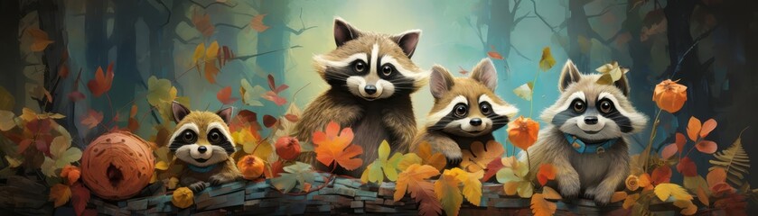 Obraz premium A cheerful raccoon family playing in the woods in a colorful illustration