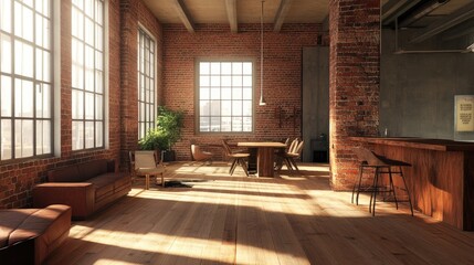 A minimalist red brick loft with a grunge look, featuring open space, wooden floors, and the character of exposed brick walls.