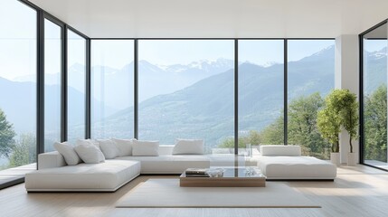 Fototapeta premium A modern living room with a white sofa, large windows offering a stunning view, and minimalist decor, creating an open and airy feel.